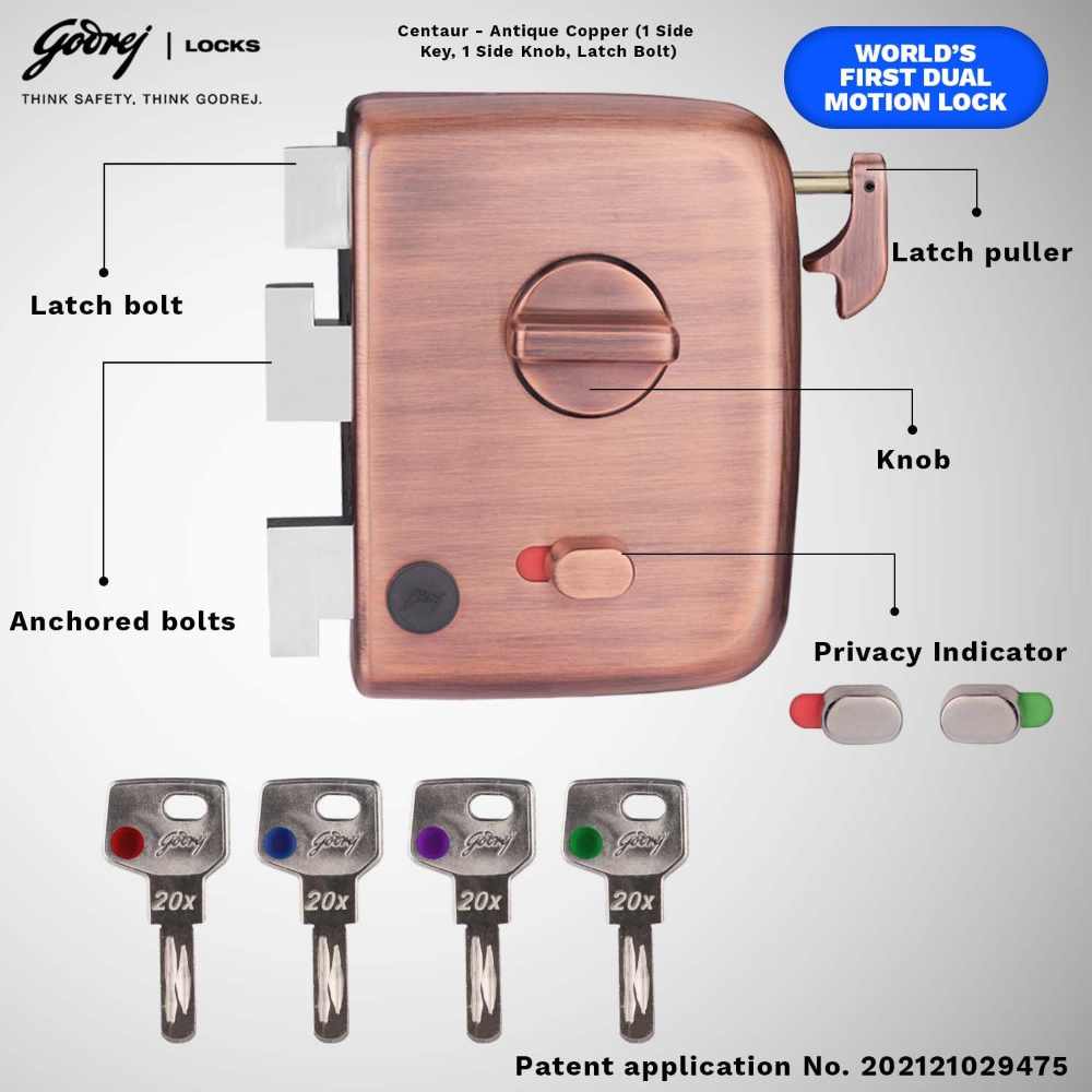 Godrej Rim Lock I Centaur EXS plus   I 1CK Latchbolt I for Inside or Outside Opening Door  and   Left or  Right Handed Doors I 4 Keys I 15 Years Warranty by Godrej I Auto Locking I Antique Copper Finish